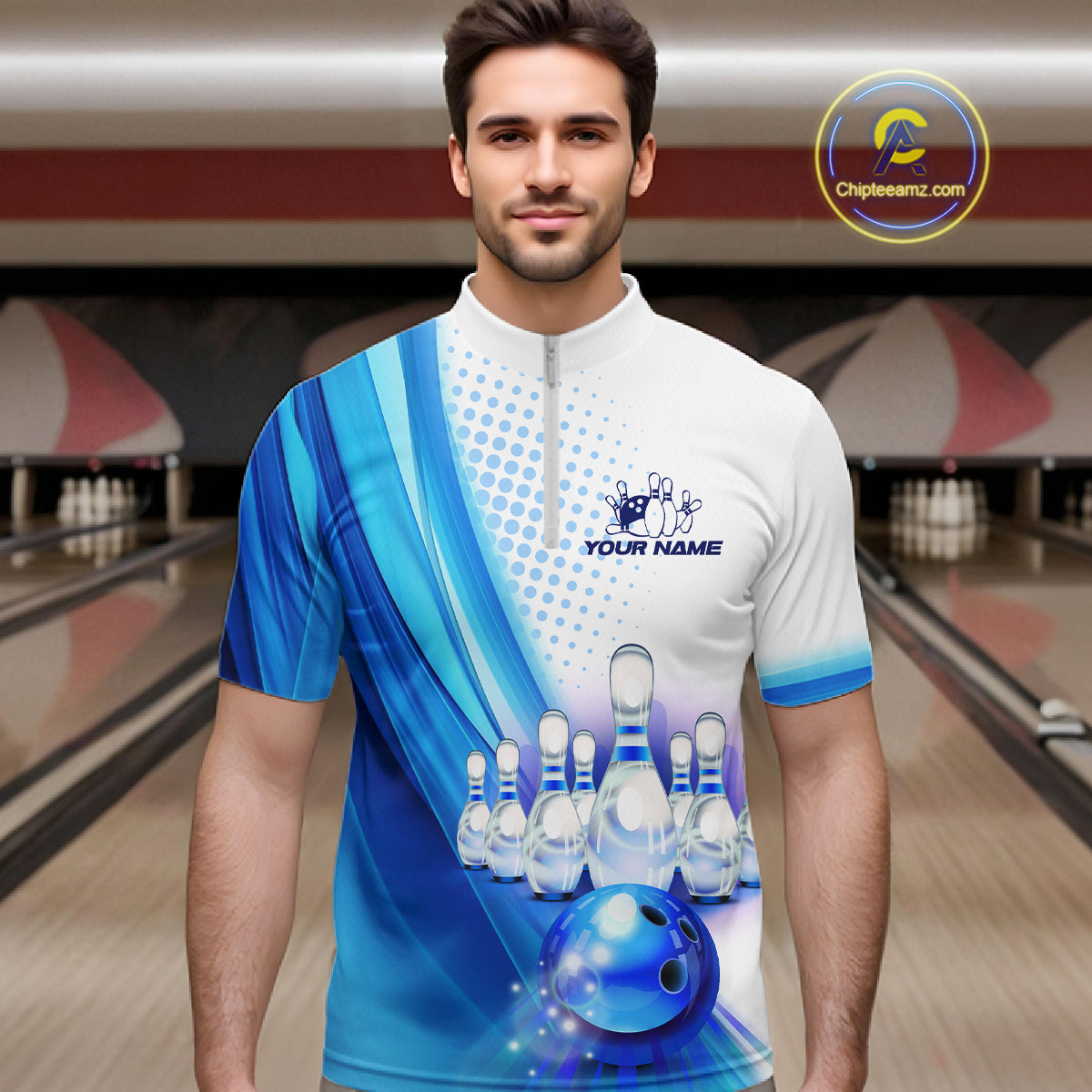 Custom Blue and White Bowling Mens Polo, Quarter Zip Shirts, Bowlers Outfit NQS10607