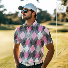 Load image into Gallery viewer, Pink argyle pattern Mens golf polo shirt custom best team golf shirts, golfing gifts NQS10407