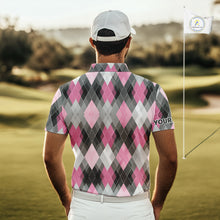 Load image into Gallery viewer, Pink argyle pattern Mens golf polo shirt custom best team golf shirts, golfing gifts NQS10407