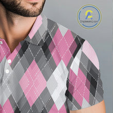 Load image into Gallery viewer, Pink argyle pattern Mens golf polo shirt custom best team golf shirts, golfing gifts NQS10407
