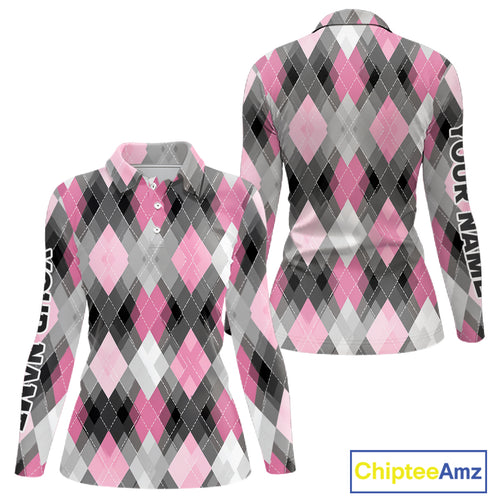 Pink argyle pattern Womens golf polo shirt custom best team golf shirts, golfing gifts NQS10407
