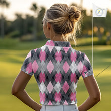 Load image into Gallery viewer, Pink argyle pattern Womens golf polo shirt custom best team golf shirts, golfing gifts NQS10407