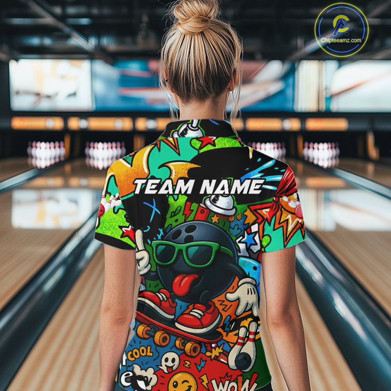 Custom Funny colorful pattern Bowling Team Polo, Quarter Zip Shirt For Women, Ladies Bowling Jersey NQS10094