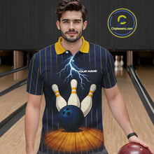 Load image into Gallery viewer, Custom Yellow and Blue Lightning Thunder Bowling Polo, 1/4 Zip Shirts For Men, Team Bowling Outfits NQS10620