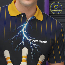 Load image into Gallery viewer, Custom Yellow and Blue Lightning Thunder Bowling Polo, 1/4 Zip Shirts For Men, Team Bowling Outfits NQS10620