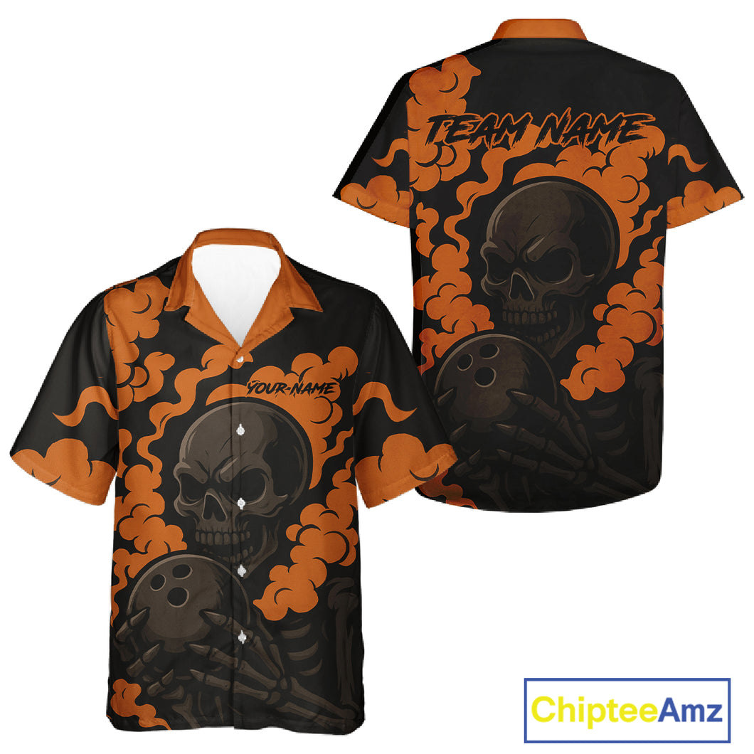 Custom Black and Orange Skull Team Bowling Hawaiian Shirt, Halloween Bowling Outfits NQS10621