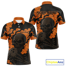 Load image into Gallery viewer, Custom Black and Orange Skull Team Bowling Polo, 1/4 Zip Shirts For Men, Halloween Bowling Outfits NQS10621