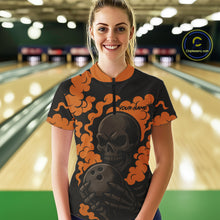 Load image into Gallery viewer, Custom Black and Orange Skull Team Bowling Polo, 1/4 Zip Shirts For Women, Halloween Bowling Outfits NQS10621