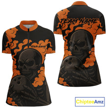 Load image into Gallery viewer, Custom Black and Orange Skull Team Bowling Polo, 1/4 Zip Shirts For Women, Halloween Bowling Outfits NQS10621