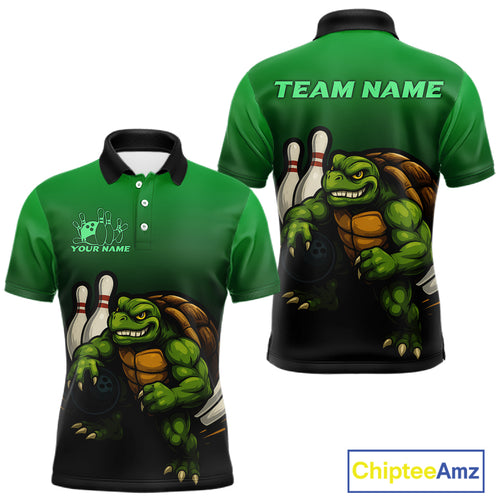 Custom Green Turtle Bowling Polo, Quarter Zip shirts For Men, Bowling tournament Team Jerseys NQS10624