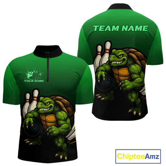 Custom Green Turtle Bowling Polo, Quarter Zip shirts For Men, Bowling tournament Team Jerseys NQS10624