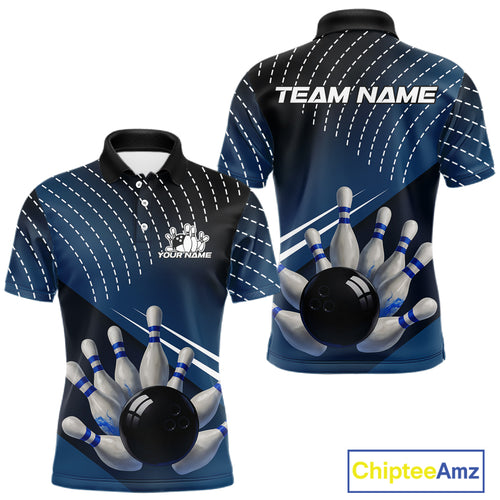 Black and Blue Bowling Polo, Quarter Zip shirts For Men Custom Bowling tournament Team Jerseys NQS10625