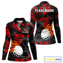 Load image into Gallery viewer, Black and Red Camo Flame Golf Ball Custom Women golf polo shirts, personalized golf top for ladies NQS10100