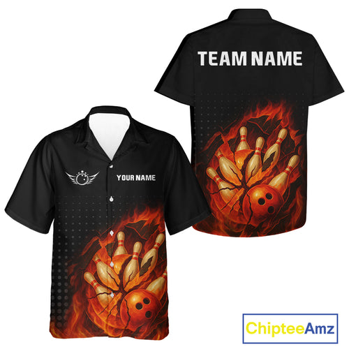 Flame Broken Bowling Ball and pins Bowling Hawaiian Shirt Custom Flame Team Bowling Button Up Shirt NQS10102