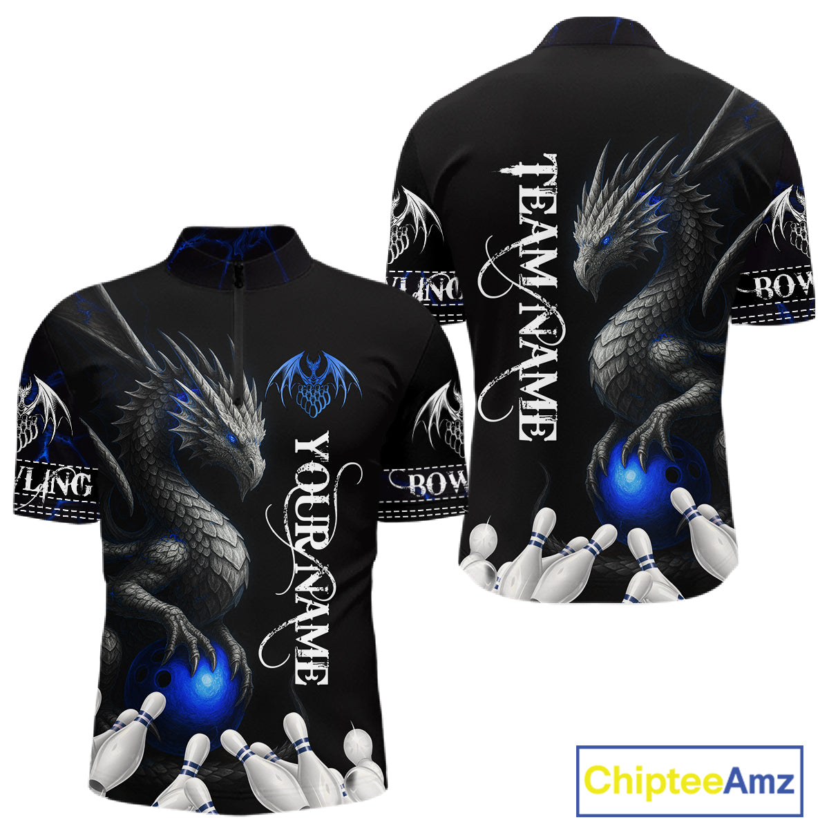 Black And Blue Dragon Bowling Polo, 1/4 Zip Shirt For Men Custom Dragon Bowling Team League Jersey NQS10628