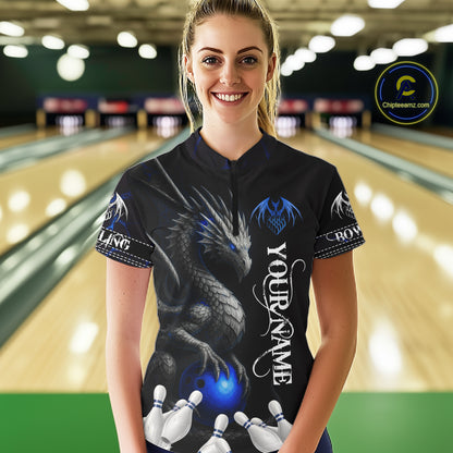 Black And Blue Dragon Bowling Polo, 1/4 Zip Shirt For Women Custom Dragon Bowling Team League Jersey NQS10628
