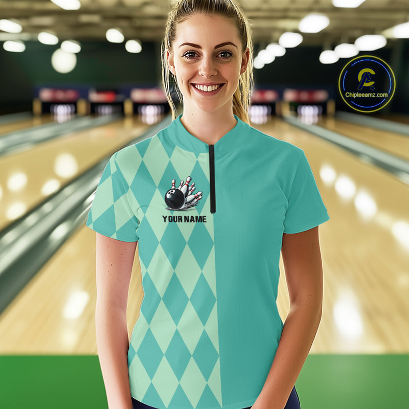 Turquoise argyle pattern Bowling Polo, Quarter Zip Shirt For Women Custom Team Bowling Jerseys NQS10107