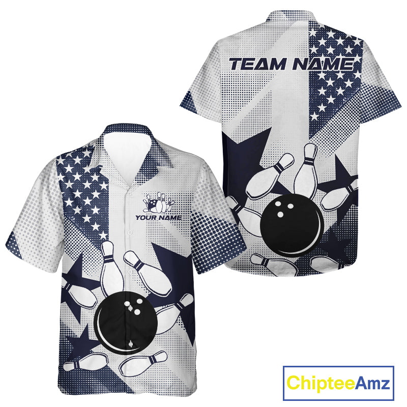 White and Blue American Flag Bowling hawaiian shirt Custom patriotic retro Bowling Team Jersey NQS10248