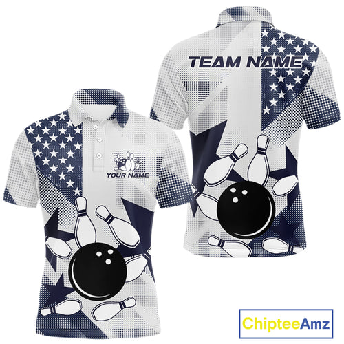 White and Blue American Flag Bowling shirts for Men Custom patriotic retro Bowling Team Jersey NQS10248