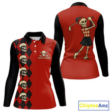 Load image into Gallery viewer, Red and Black argyle pattern Skull Golf Polo Shirts for Women Custom funny ladies golf outfit NQS10250