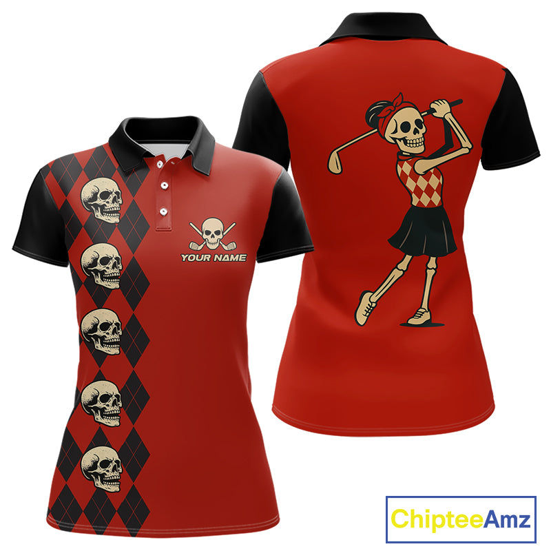 Red and Black argyle pattern Skull Golf Polo Shirts for Women Custom funny ladies golf outfit NQS10250