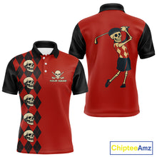 Load image into Gallery viewer, Red and Black argyle pattern Skull Golf Polo Shirts for men Custom mens golf outfit, funny golf gifts NQS10250