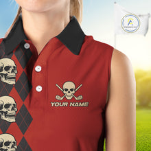 Load image into Gallery viewer, Red and Black argyle pattern Skull Women Sleeveless Polo Shirt Custom funny ladies golf outfit NQS10250