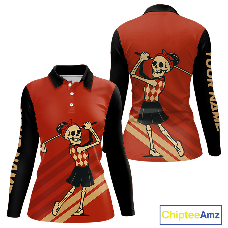 Funny argyle pattern Skull Golf Polo Shirts for Women Custom ladies golf attire, cool golf gift | Red NQS10251