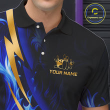 Load image into Gallery viewer, Personalized Bowling Polo, Quarter Zip Shirts for Men Custom Blue Flame and Gold Bowling Team Jersey NQS10446