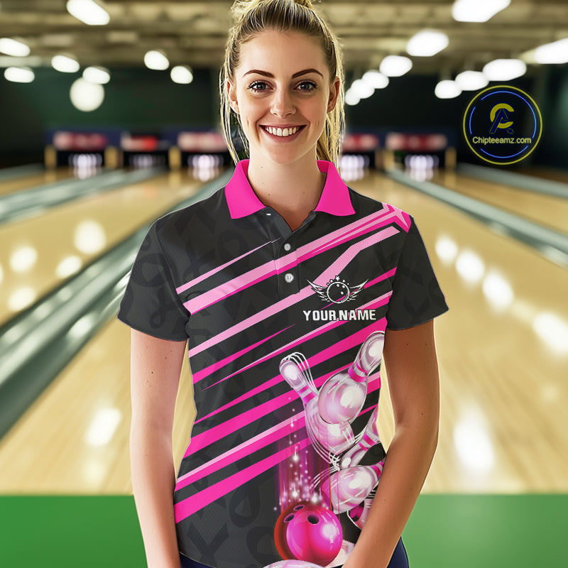 Pink and Black ribbon pattern Women Bowling Shirts Custom breast cancer awareness Team Bowling Jersey NQS10116