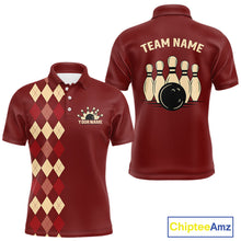 Load image into Gallery viewer, Red argyle pattern Bowling polo, 1/4 zip shirt for Men custom vintage bowling shirt, gift for bowlers NQS10255