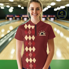 Load image into Gallery viewer, Red argyle pattern Women Bowling polo, 1/4 zip shirt custom vintage bowling shirt, gift for bowlers NQS10255