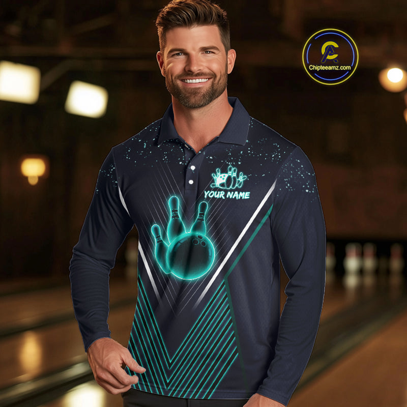 Bowling polo, quarter zip shirt for Men custom team bowling jersey, gift for bowlers | Turquoise NQS10256