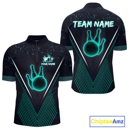 Bowling polo, quarter zip shirt for Men custom team bowling jersey, gift for bowlers | Turquoise NQS10256