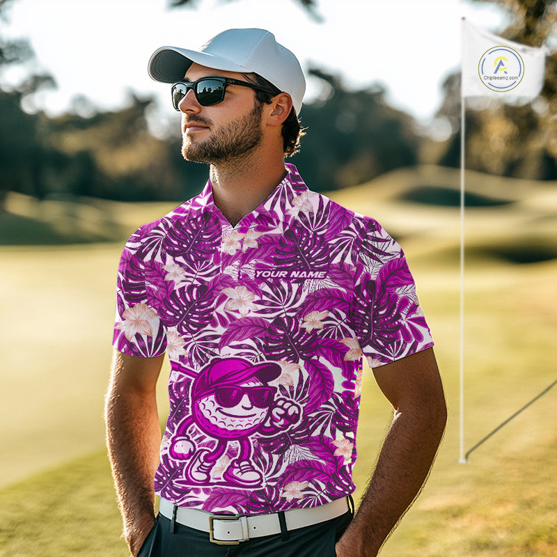 Pink tropical flower leaf pattern funny Golf polo shirts For Men Custom mens golf outfits NQS10120