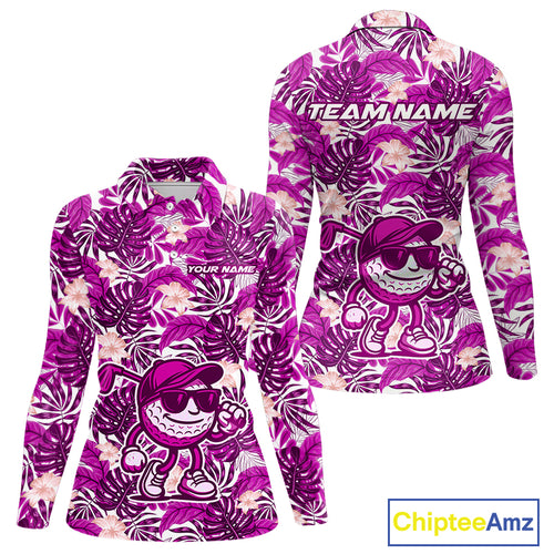 Pink tropical flower leaf pattern funny Golf polo shirts for Women Custom ladies golf outfits NQS10120