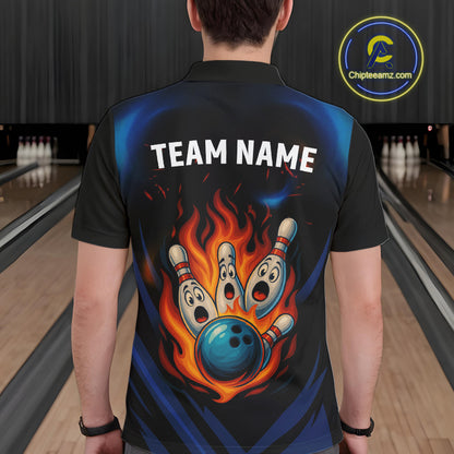 Blue and Black Flame Bowling shirts for Men custom funny bowling ball and pins team bowler jerseys NQS10260