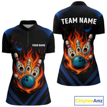 Load image into Gallery viewer, Blue and Black Flame Bowling shirts for Women custom funny bowling ball and pins team bowler jerseys NQS10260
