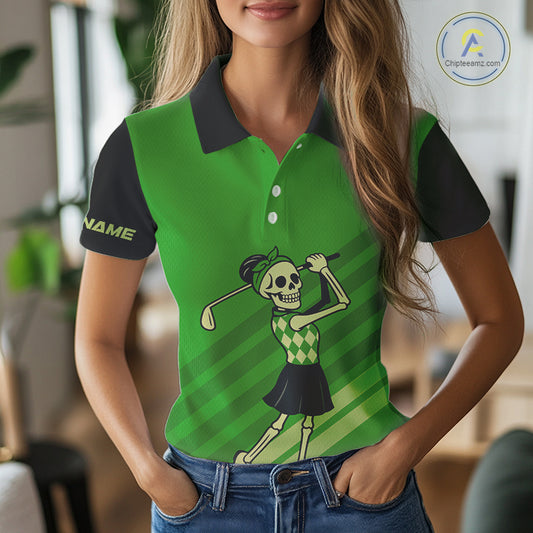 Funny argyle pattern Skull Golf Polo Shirt for Women Custom ladies golf attire, cool golf gift| Green NQS10655