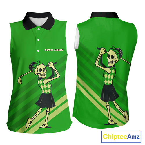 Funny argyle pattern Skull Sleeveless Polo Shirt Custom ladies golf attire, cool golf gift | Green NQS10655