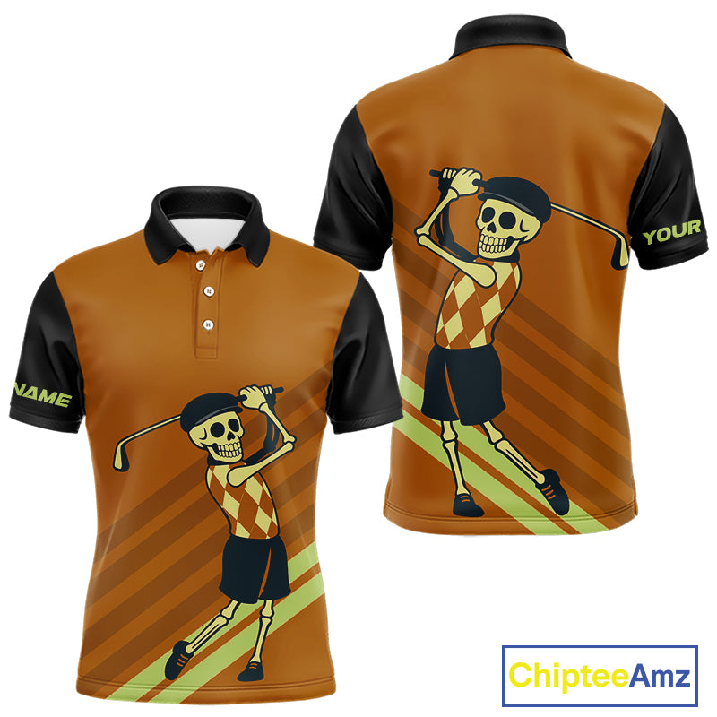 Funny argyle pattern Skull Golf Polo Shirts for men Custom mens golf attire, cool golf gifts | Orange NQS10656