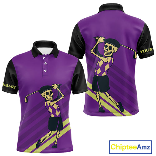 Funny argyle pattern Skull Golf Polo Shirts for men Custom mens golf attire, cool golf gifts | Purple NQS10657