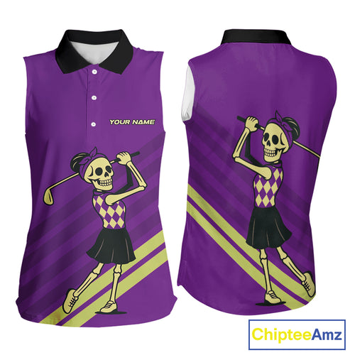 Funny argyle pattern Skull Sleeveless Polo Shirt Custom ladies golf attire, cool golf gift | Purple NQS10657