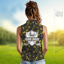 Load image into Gallery viewer, Black and Gold golf pattern Women sleeveless polo shirt Custom best ladies golf wear, golf gifts NQS10130