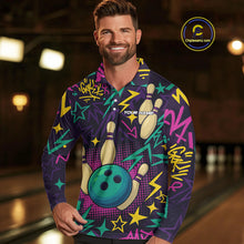 Load image into Gallery viewer, Custom purple graffiti pattern funny Bowling shirts for Men, bowling team league jerseys with Name NQS10270