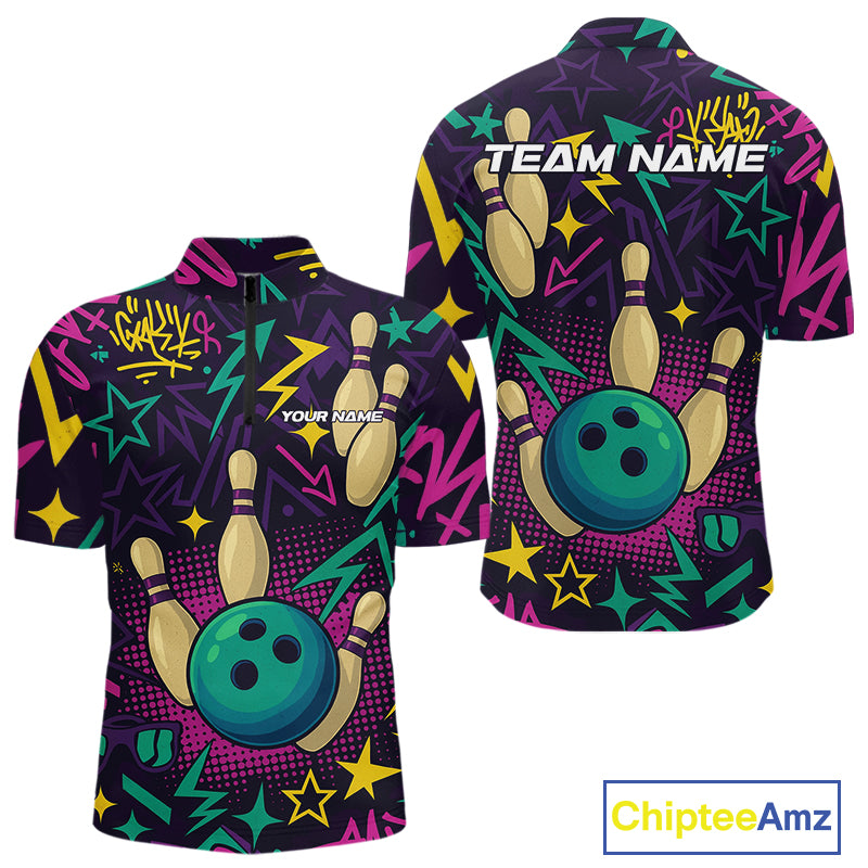 Custom purple graffiti pattern funny Bowling shirts for Men, bowling team league jerseys with Name NQS10270