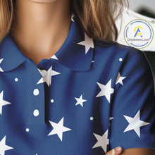Load image into Gallery viewer, Red, White &amp; Blue stars pattern Women golf polo shirts Custom American Flag patriotic ladies golf top NQS10138