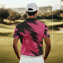 Load image into Gallery viewer, Black and Pink ribbon Men golf polo shirts Custom breast cancer American flag golf top for men NQS10140