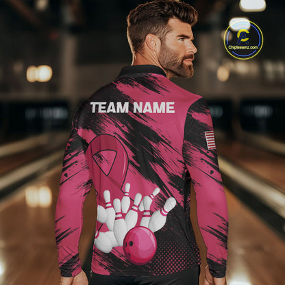 Black and Pink ribbon Bowling shirts for Men Custom breast cancer American flag bowling team jersey NQS10141