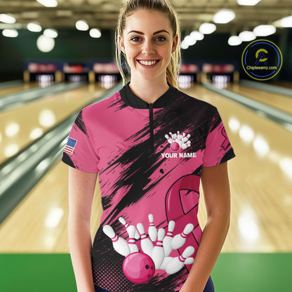 Black and Pink ribbon Bowling shirts for Women Custom breast cancer American flag bowling team jersey NQS10141